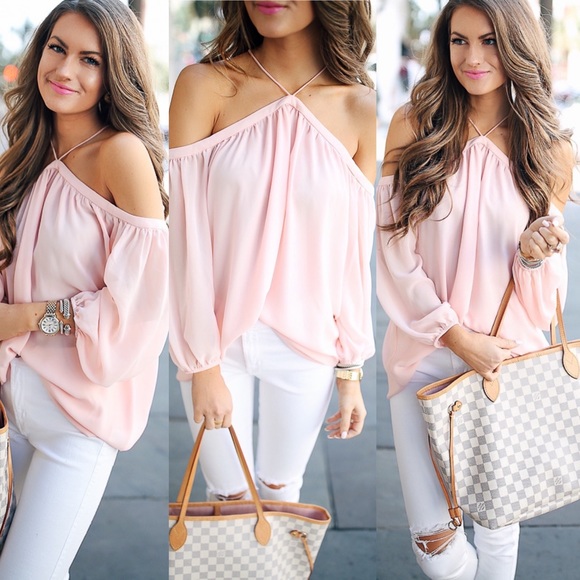 NWT 1. State Revolve Off the Shoulder Sheer Crepe Chiffon Top Pink Taffeta Small - Picture 10 of 16